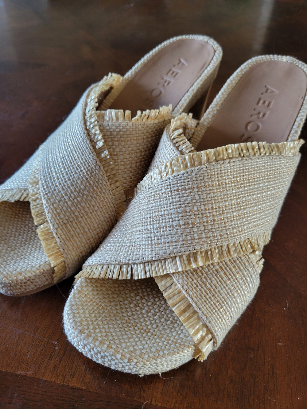 AEROSOLES Tan Raffia Crossover Slide Mules